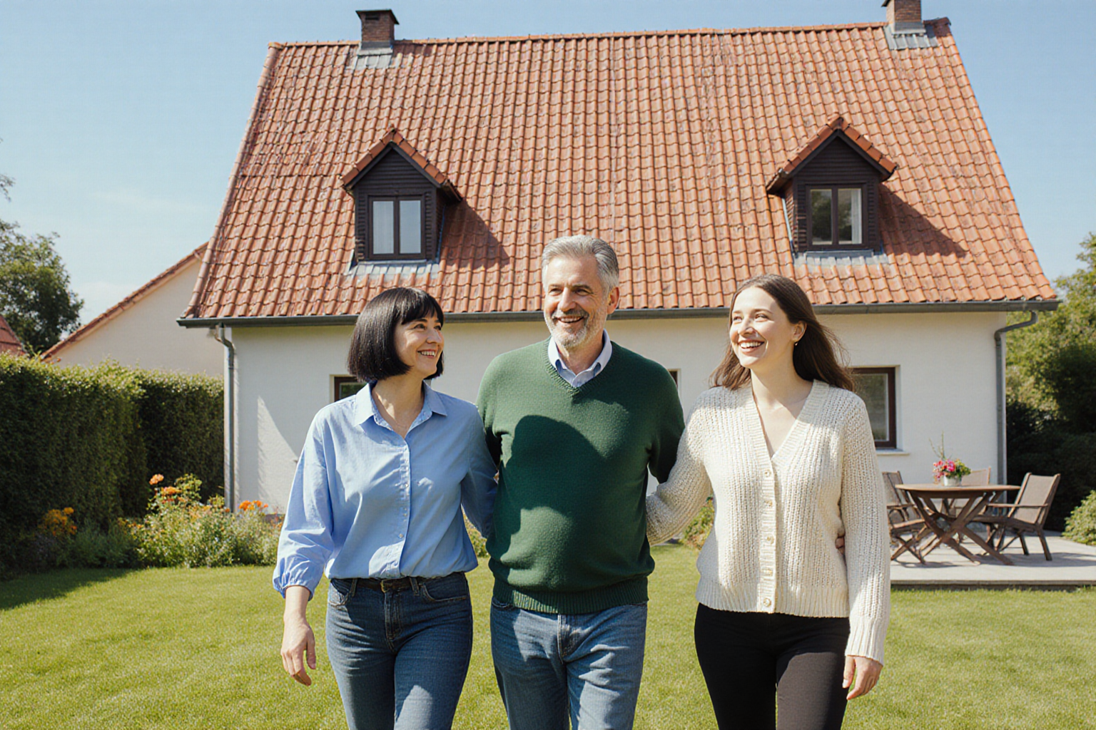 Familie mit erwachsener Tochter im Garten eines deutschen Wohnhauses