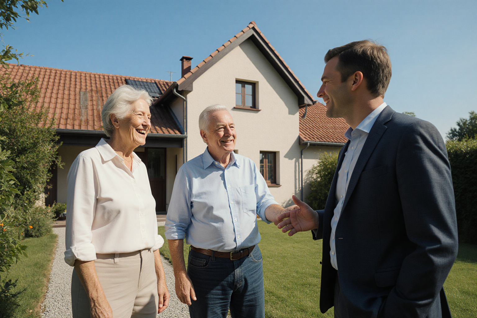 Besichtigungsgespräch am Haus mit Garten