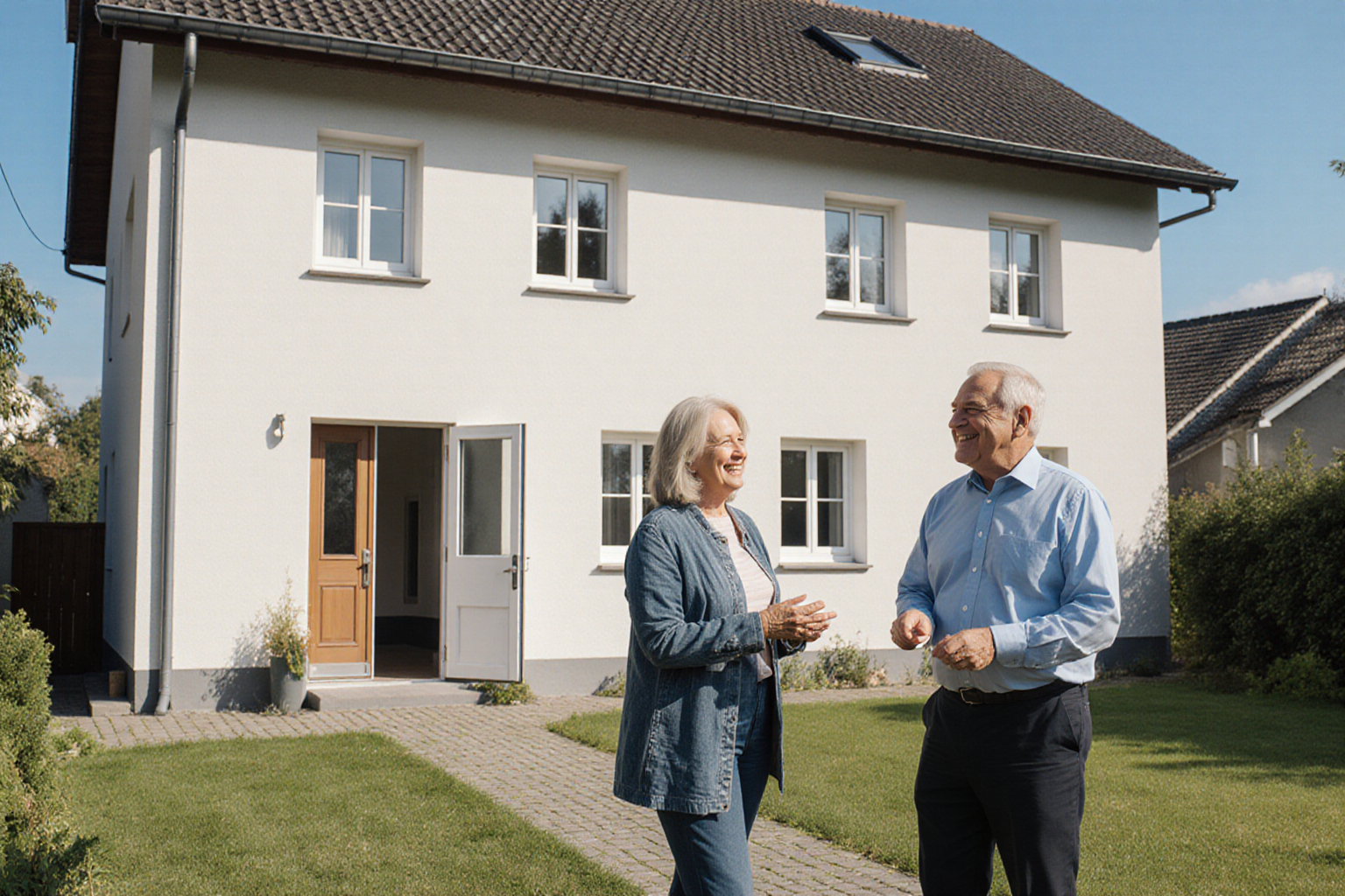 Paar betrachtet ein Haus mit Garten